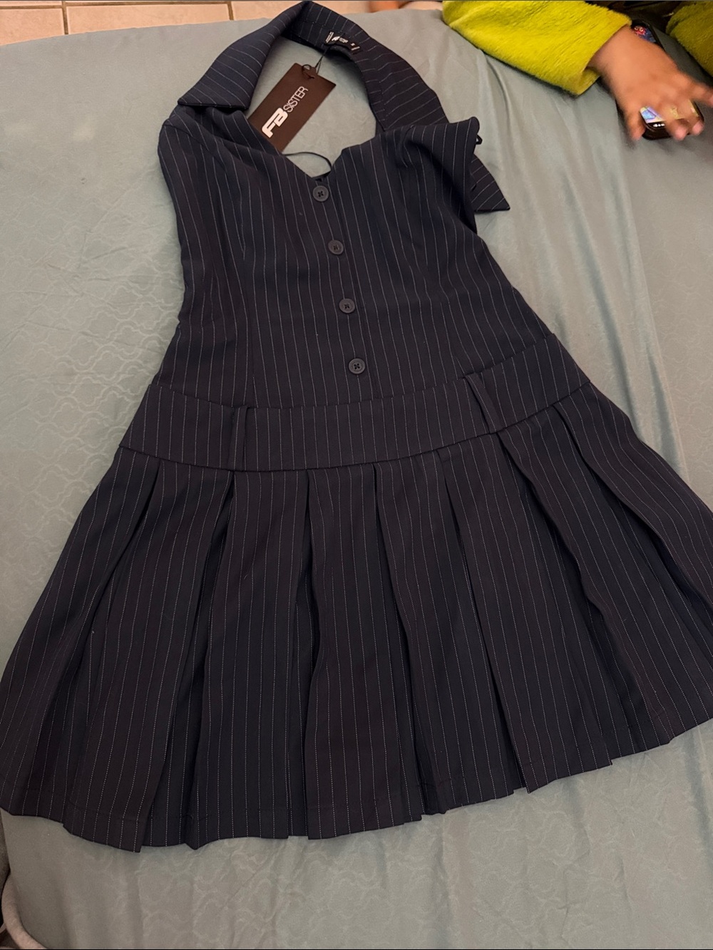 Pinstripe Pleated Navy Mini Dress by PB SISTER